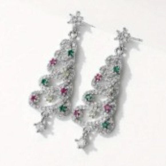 Christmas Tree Multicolor Zirconia Dangle Earrings - S925 Silver Plated Holiday - Picture 3 of 8